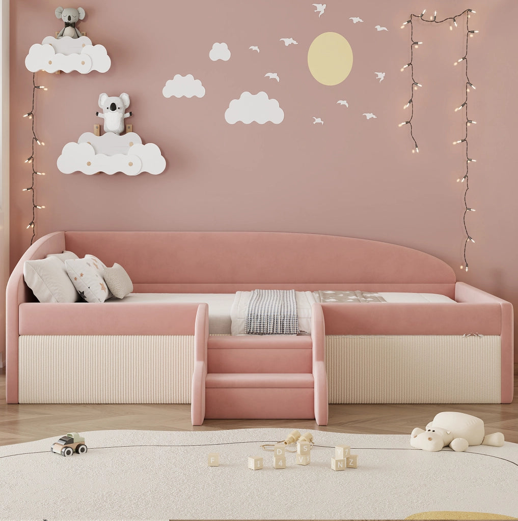 Letto imbottito 90x190 cm con gradini e sponde in velluto rosa e bianco crema