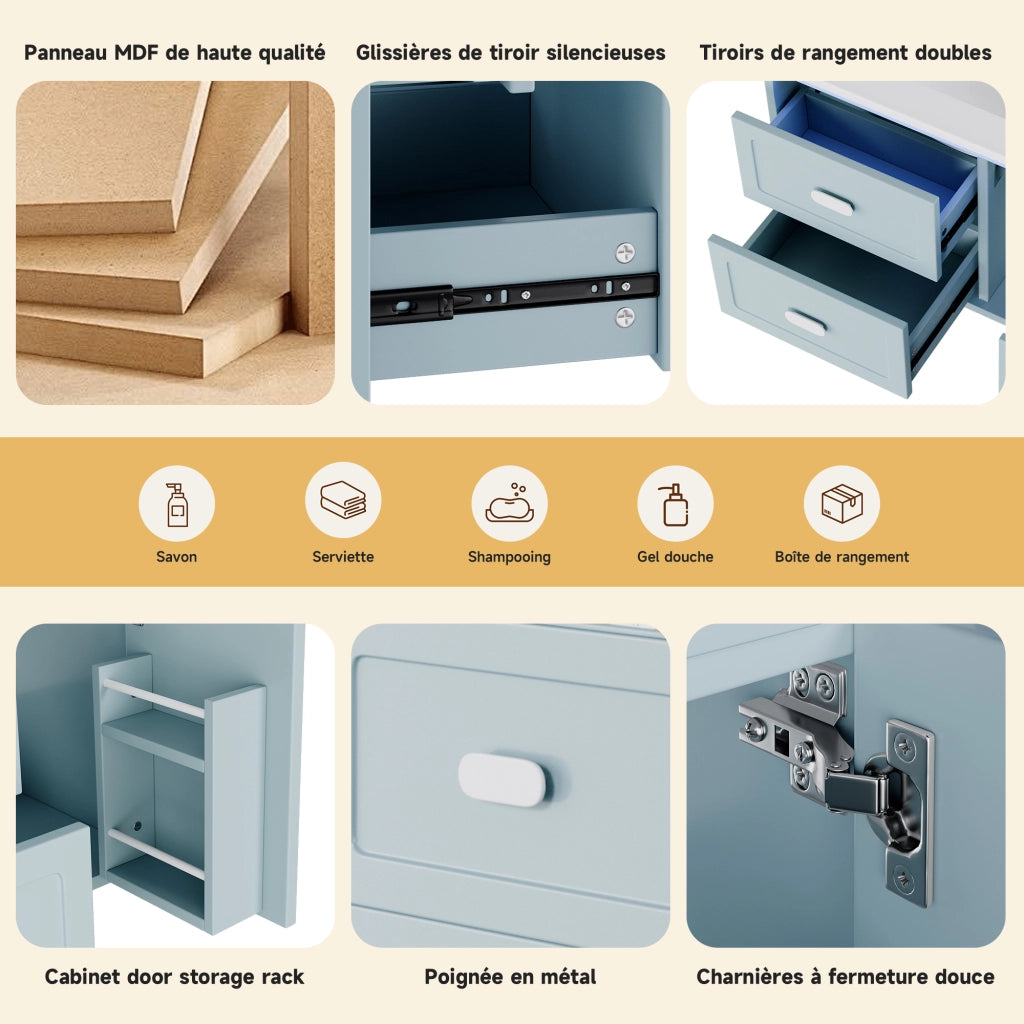 Mobile sottolavabo con lavabo in ceramica, LED a sensore radar, 2 cassetti e vano, per bagno, blu, 76 × 46 × 51 cm