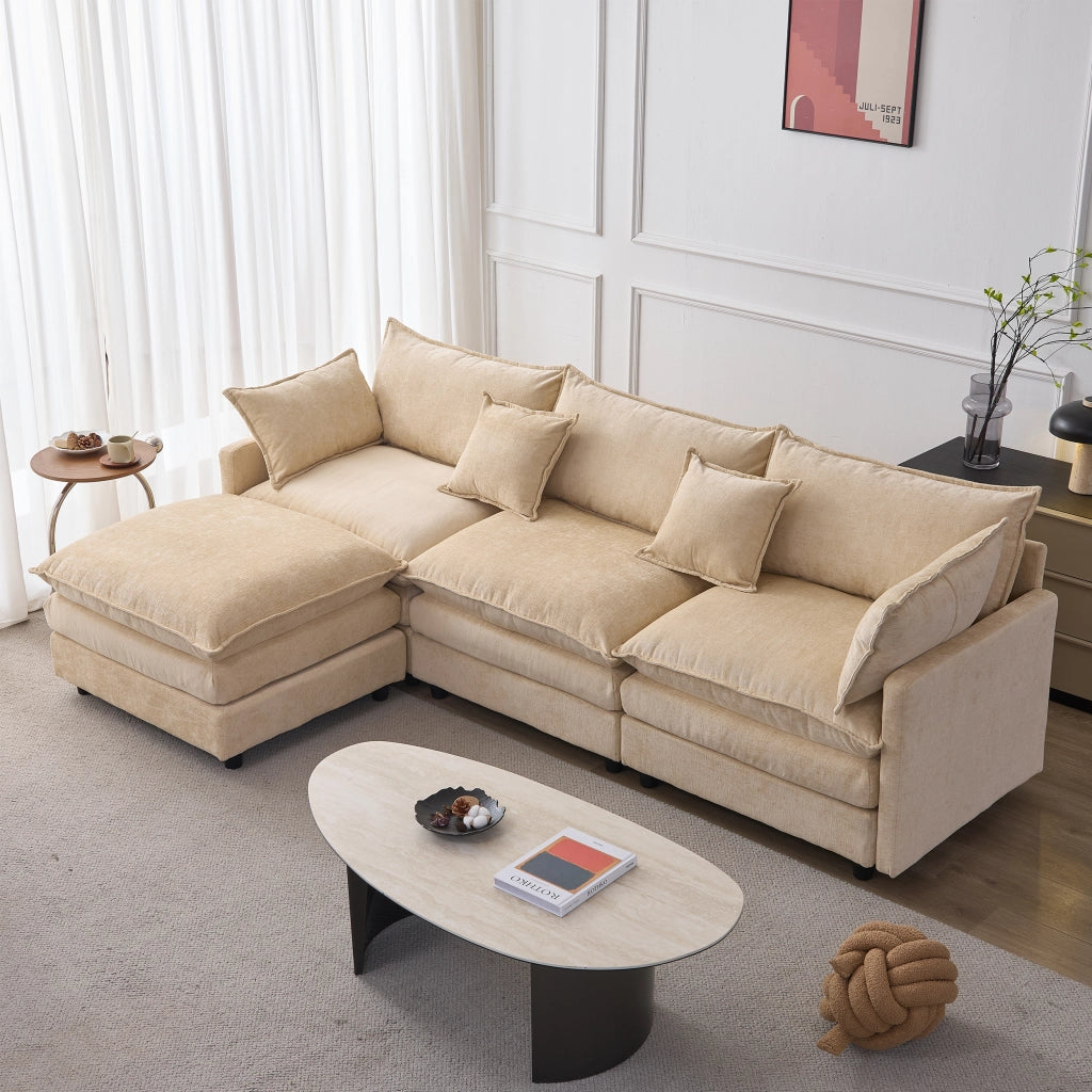Divano angolare modulare a L con chaise longue e pouf, rivestimento in chenille, caffè chiaro, per 3 persone