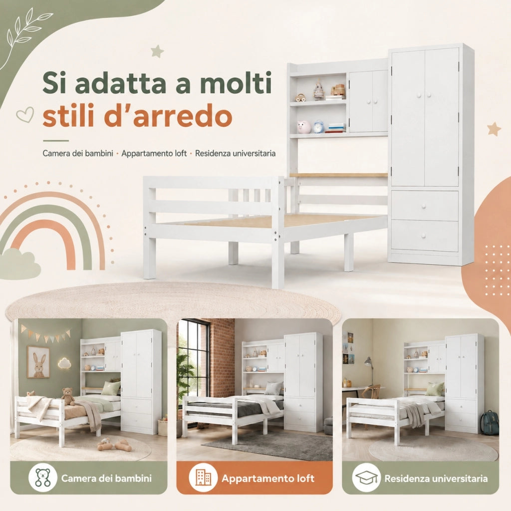 Letto per bambini 90 x 200 cm con armadio integrato e cassetti; legno e MDF bianco