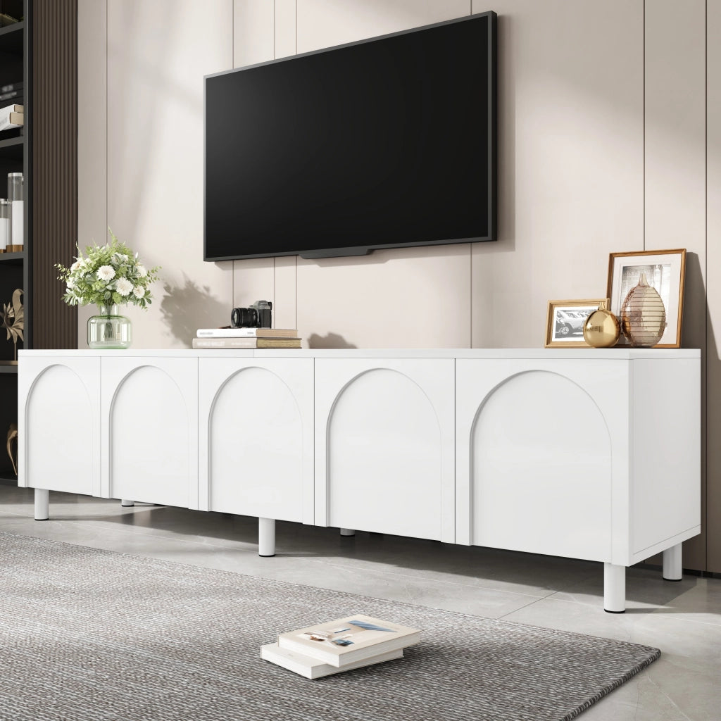 Mobile porta TV con 5 ante e passacavi, piedi in metallo, in MDF e PB, per soggiorno, bianco, 180 × 38 × 45 cm