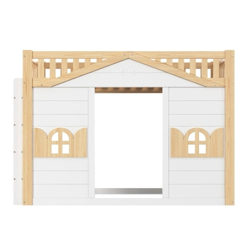 Letto a castello casetta per bambini 90x200 cm LEMONMAX, con finestra, scala reversibile e angolo giochi, legno di pino e MDF, bianco e naturale