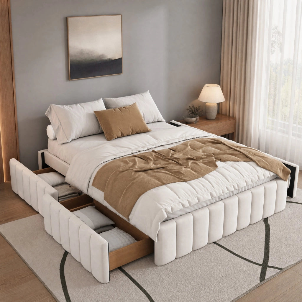 LETTO Imbottito 140x200 cm in velluto beige con 4 cassetti e rete a doghe