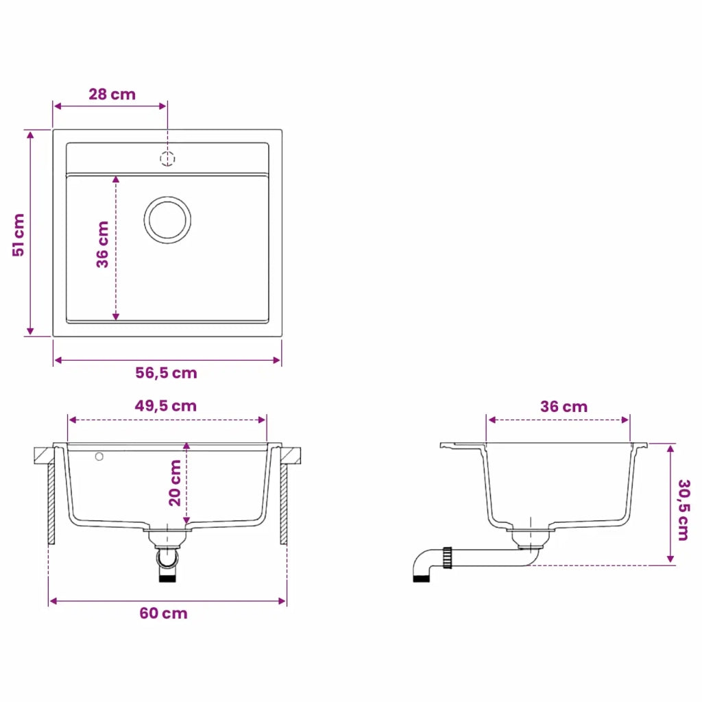 Lavello cucina vasca singola Granito 60 x 51 x 30.5 cm Grafite 42053748