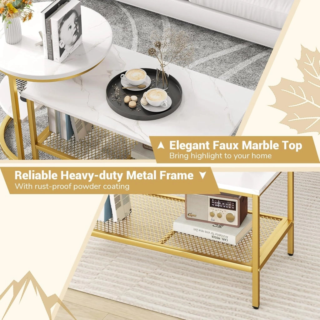 Set di Tavolini da Caffè a 2 Pezzi, Tavolini Sovrapponibili a 2 Livelli con Piano in Marmo Finto e Struttura in Metallo, Tavolino Rettangolare e Tavolino Rotondo (Oro+Bianco)