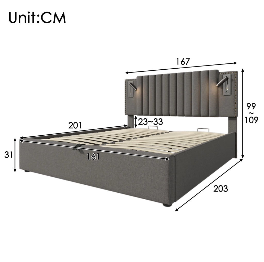 Letto matrimoniale 160x200 cm con contenitore, luci LED e USB-C