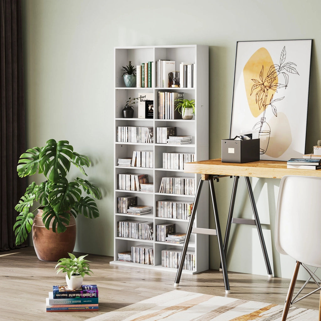 Libreria per DVD e CD ¨C Minimal ¨C 14 ripiani regolabili, 18 scomparti, bianco, 175x?x?