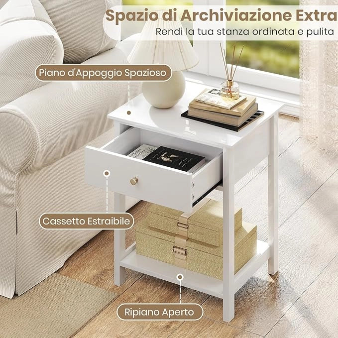 Comodino in Legno con Cassetto, Tavolino Laterale per Divano o Letto con Scaffale Aperto, Tavolino Compatto con Spazio di Archiviazione, Comò Salvaspazio per Camera da Letto
