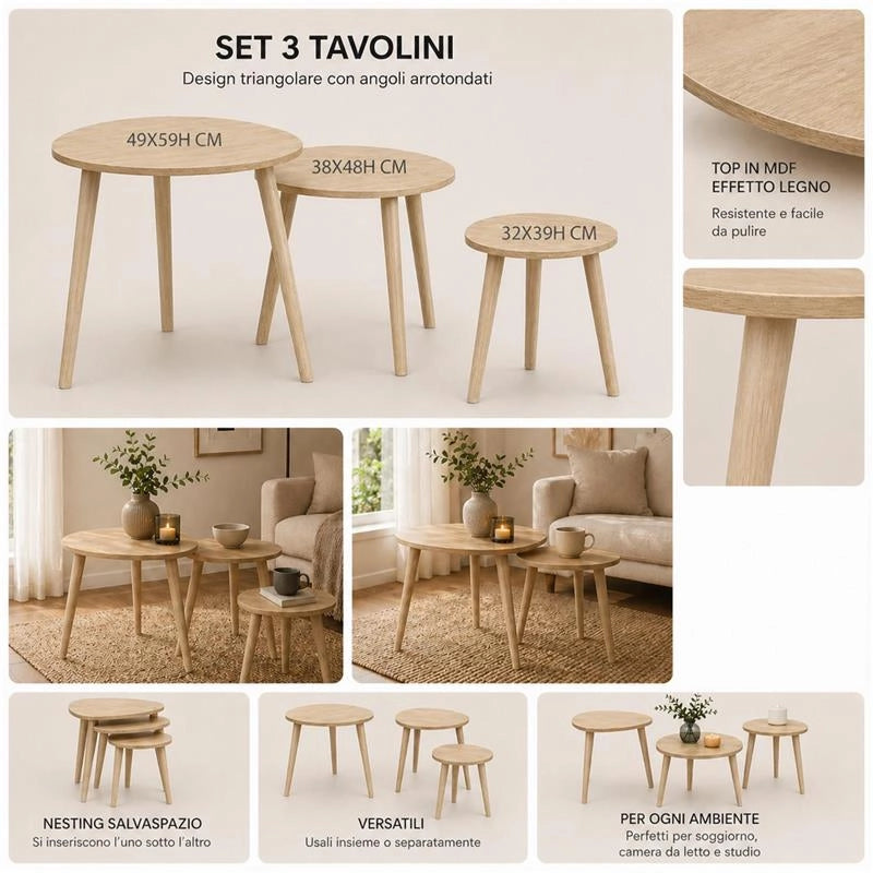 SET DI 3 TAVOLINI CON PIEDI IN LEGNO CHIARO E TOP IN MDF EFFETTO LEGNO CHIARO MISURE: 39X32CM, 48X38CM, 59X49CM