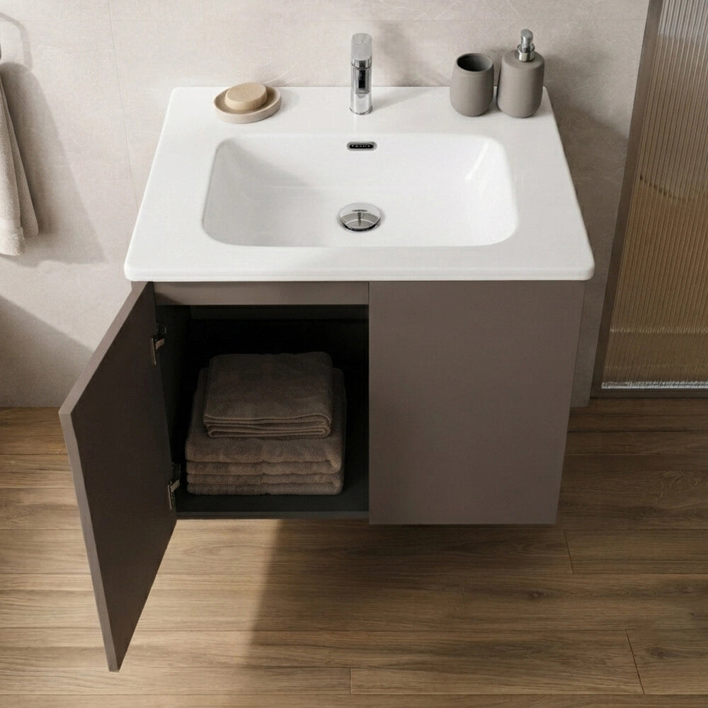Mobile bagno sospeso 80 cm tortora due ante e lavabo Tierra
