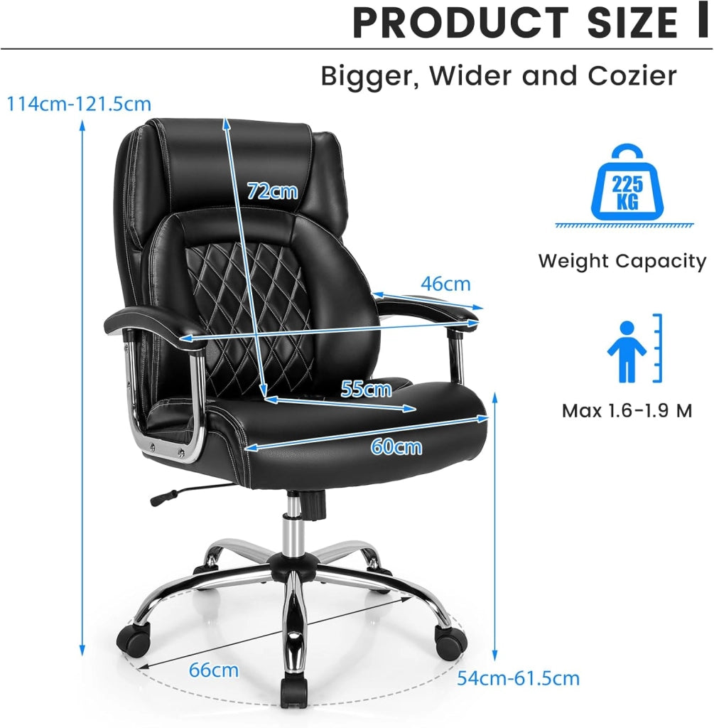 Sedia da ufficio ergonomica con 5 ruote, seduta larga con altezza regolabile 54-61,5 cm, schienale reclinabile e braccioli, carico fino a 225 kg, sedia imbottita per studio