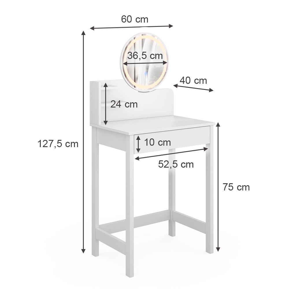 Vicco Tavolo da toeletta Bianco 60 cm con specchio a LED