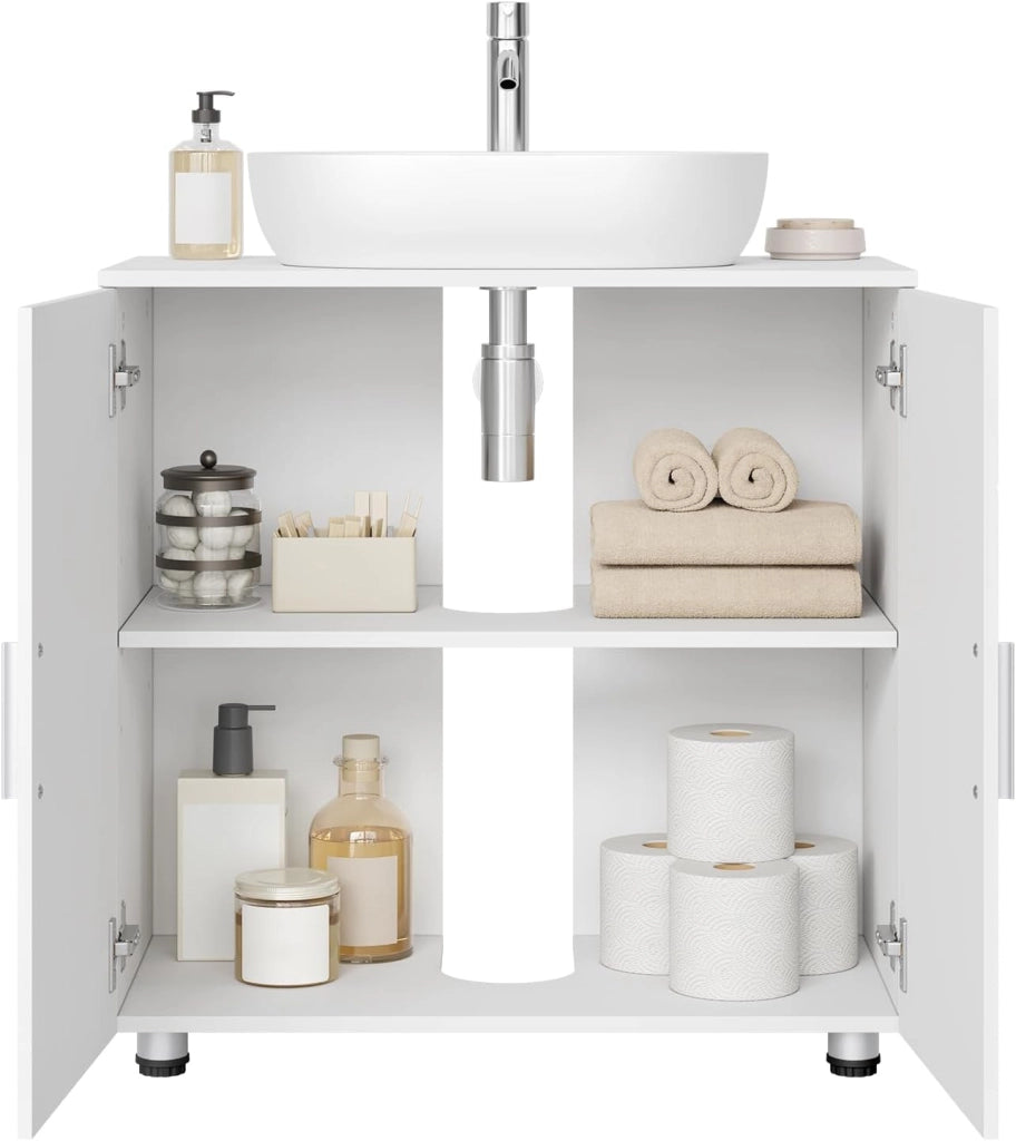 Mobile Sottolavabo per Bagno in MDF, Armadietto Salvaspazio con Ripiano Regolabile Mobiletto, Mobile Copricolonna con Maniglie e Gambe in Metallo, Bianco, Argento, 60x30x60cm