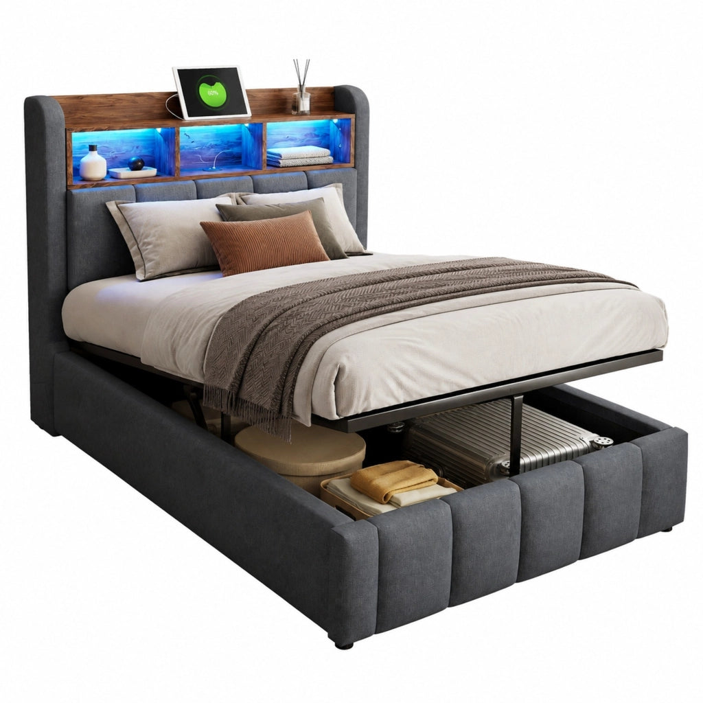 Letto imbottito 90x200 cm con LED RGB, porta USB e contenitore idraulico