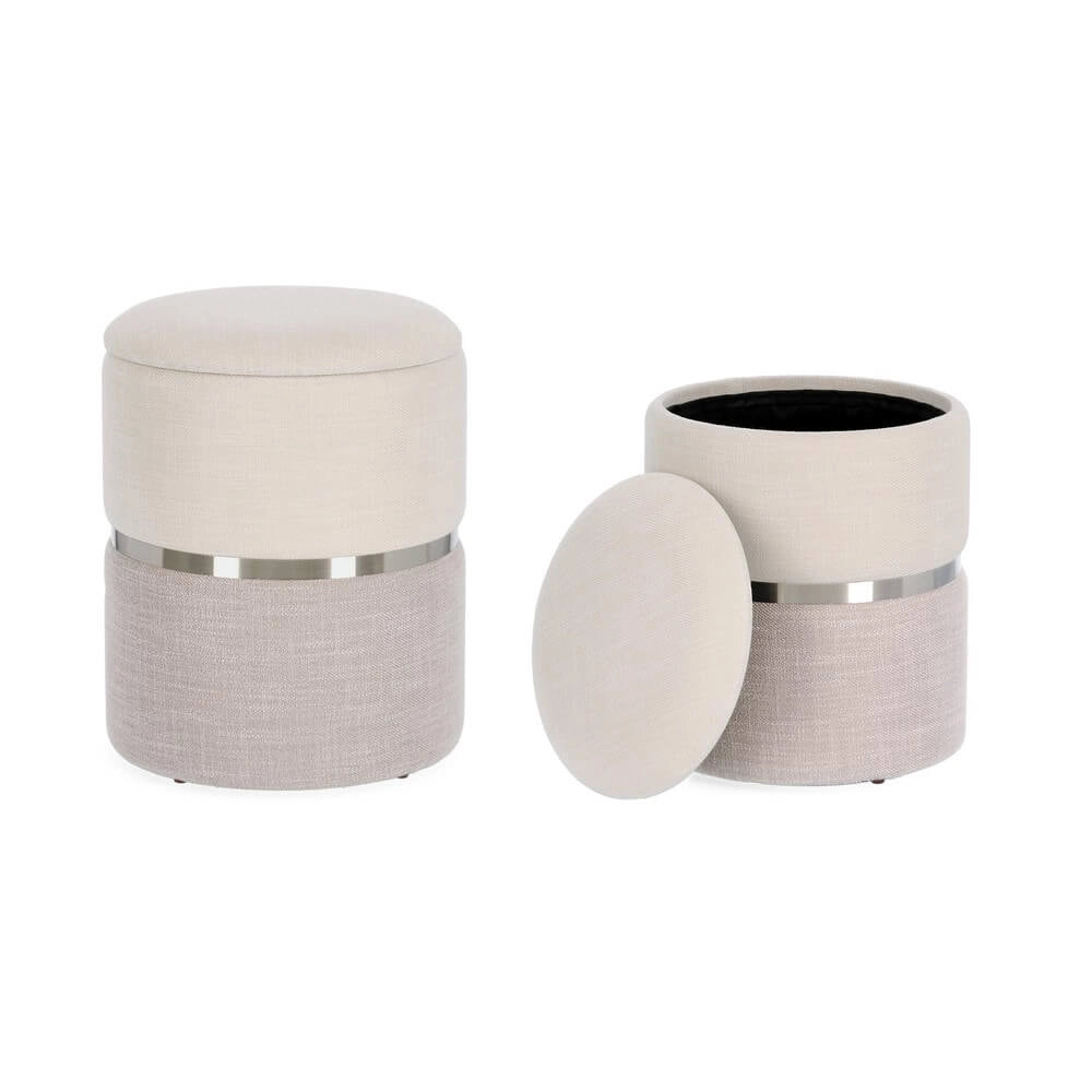 Set 2 Pouf Contenitore Rotondi in Tessuto con Anello Dorato - WHITE