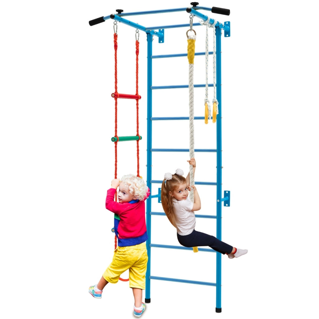 Set di sbarre in acciaio da parete per bambini, Sbarra per trazioni con scala a corda anelli da ginnastica Blu-Giocattoli educativi