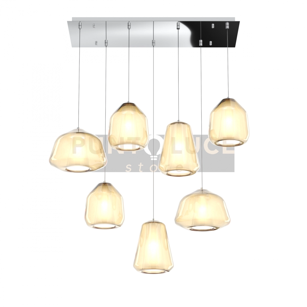 SOSPENSIONE CROMO 7 LUCI RETTANGOLARE VETRI 2X ALPHA + 3X BETA + 2X GAMMA AMBRA 1176CR-S7 R ABG-AM