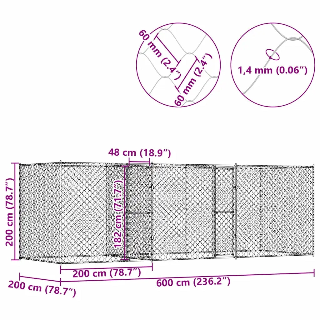Gabbia per cani Argento 600 x 200 x 200 cm Acciaio zincato 3368312