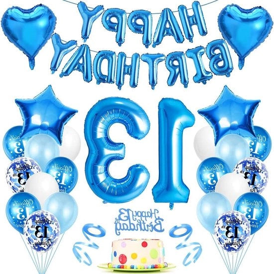 Decorazione per il compleanno dei ragazzi di 13 anni - palloni blu e pallone di carta per il 13° compleanno