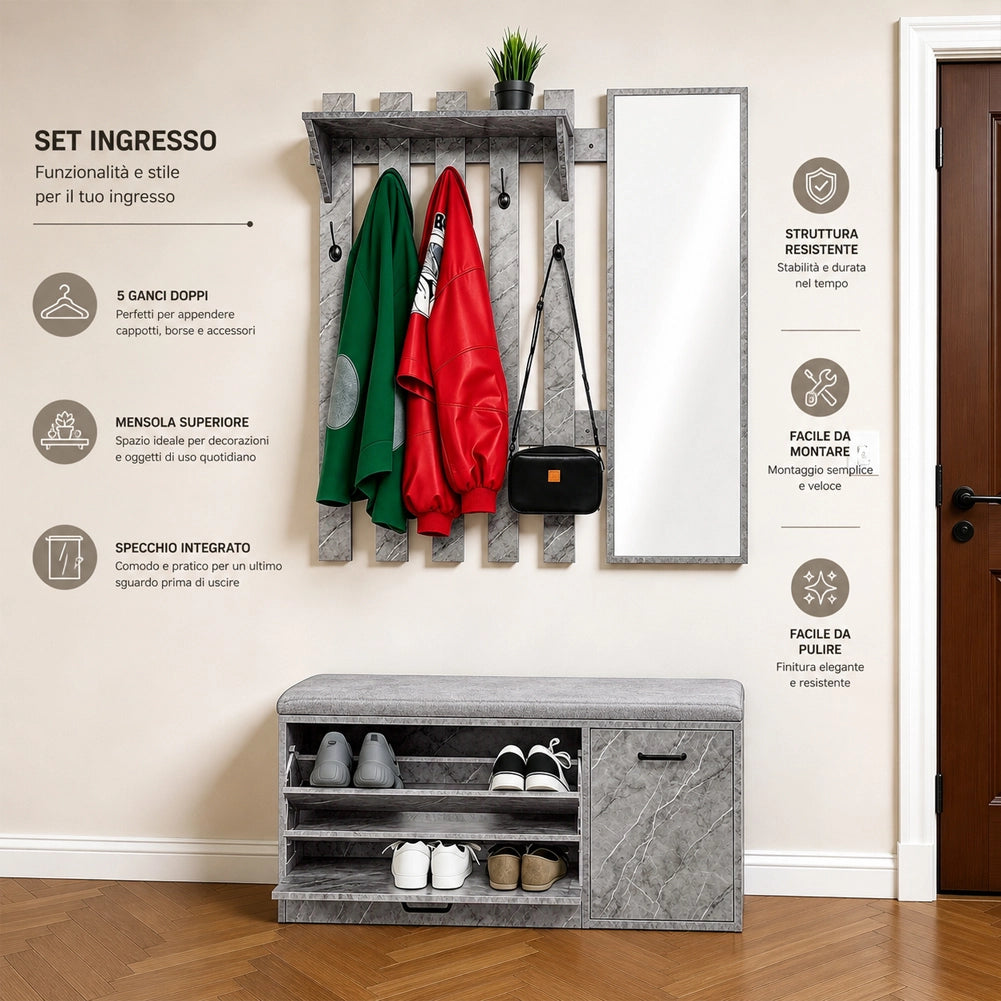Set Ingresso con Scarpiera e Appendiabiti con Specchio Attaccapanni Grigio Marmo