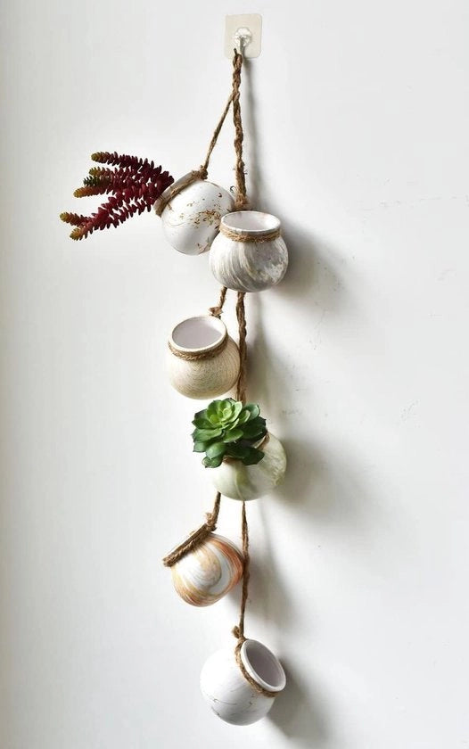 6 mini vasi per succulente, 4 vasi da parete o soffitto in ceramica con corda di juta per appendere all'interno o all'esterno, color luce beige