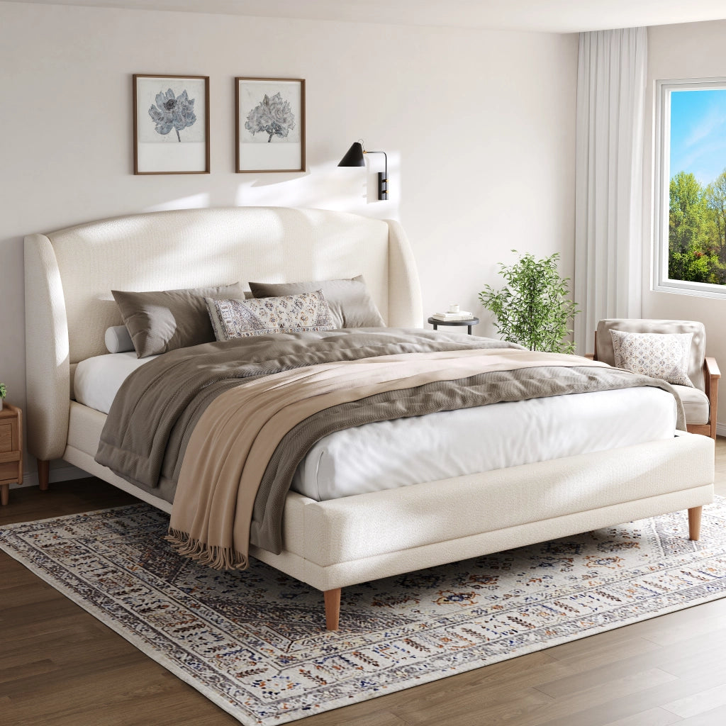 LETTO 140x190 cm in tessuto bouclé con testiera a orecchie, bianco