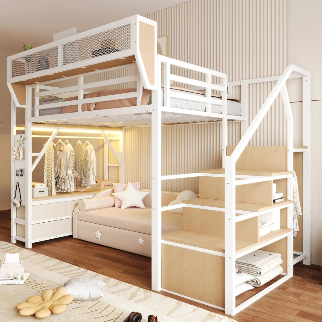 Letto a soppalco 140 × 200 cm con scaletta, ripiani, LED e cassetti in tessuto, senza materasso, bianco