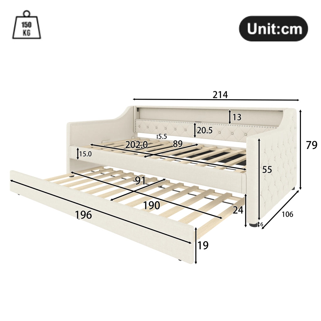 OKWISH Letto a Divano 90×200 cm, Letto Singolo con LED Regolabile, USB, Letto Estraibile 90×190 cm e Controllo App, senza Materasso, Beige