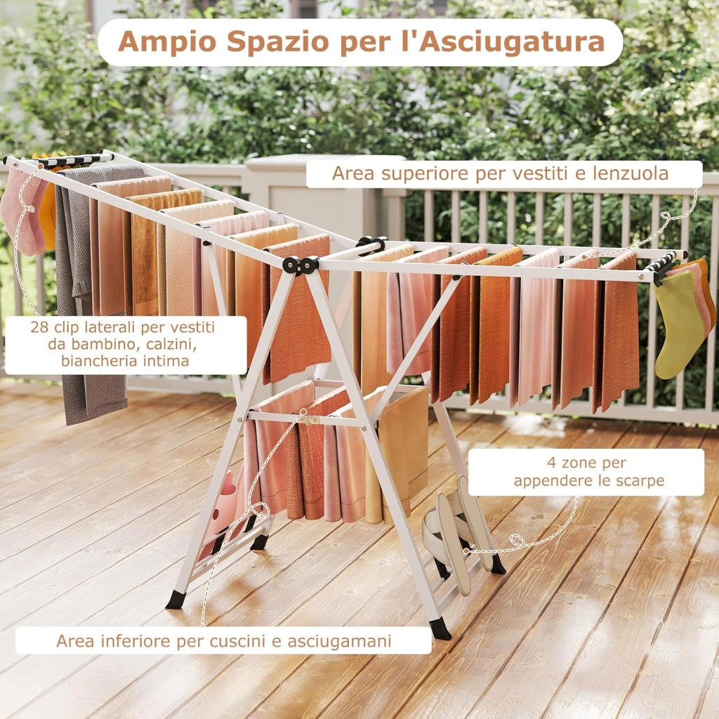 Stendibiancheria con 20 Barre, Stendino Pieghevole in Metallo Regolabili in Altezza, Clips per Calzini, Supporto per Abbigliamento Autoposante a Ali per Interno Esterno (Bianco)