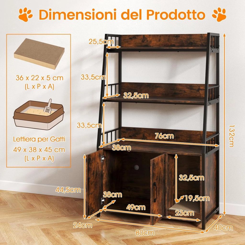 Mobile Lettiera per Gatti 80 x 40 x 132 cm, Credenza Soggiorno con Ripiani di Stoccaggio, Tiragraffi per Gatti, 2 Prese AC e Cuccia, Armadio Salvaspazio per Cuccia e Ingresso (Marrone)