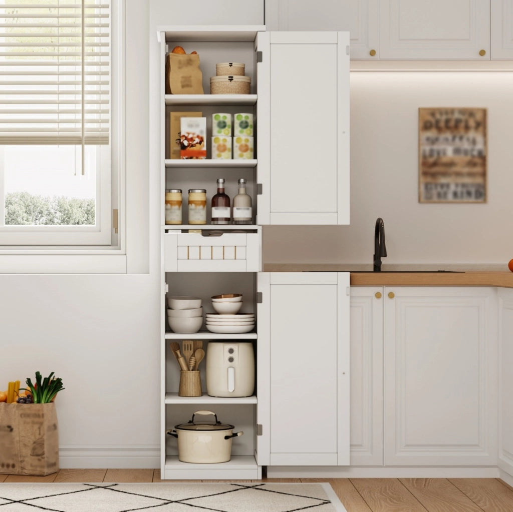 Armadio contenitore 170x40x30 cm con 4 ripiani regolabili; struttura in MDF bianco