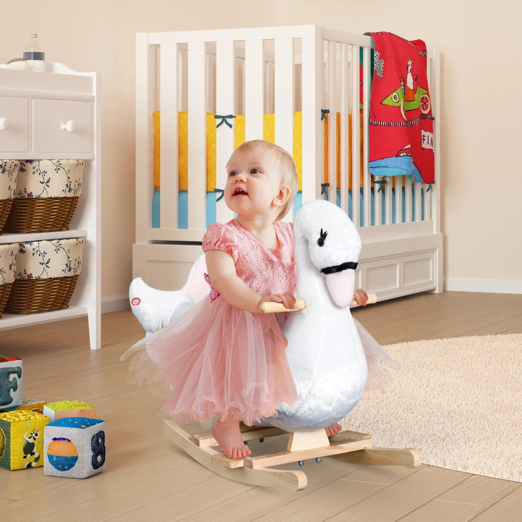 EasyComfort Cavallo a Dondolo a Forma di Cigno con Musica, Cavalluccio a Dondolo con Struttura in Metallo e Legno, Rivestimento Peluche, 60x32x55cm, Bianco