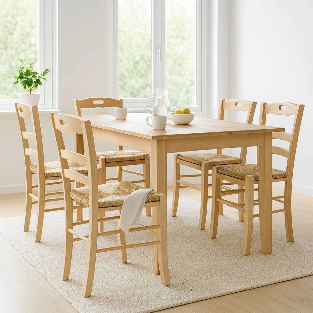 Sedia da cucina Loris in legno naturale con seduta in paglia per casa ristorante