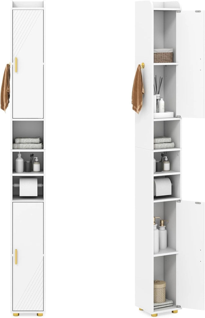 Armadietto da bagno da 179 cm, con 2 ante, 3 ripiani aperti, ganci e porta carta igienica, 20 x 20 cm, per ufficio, cucina e corridoio (3 ripiani, bianco)