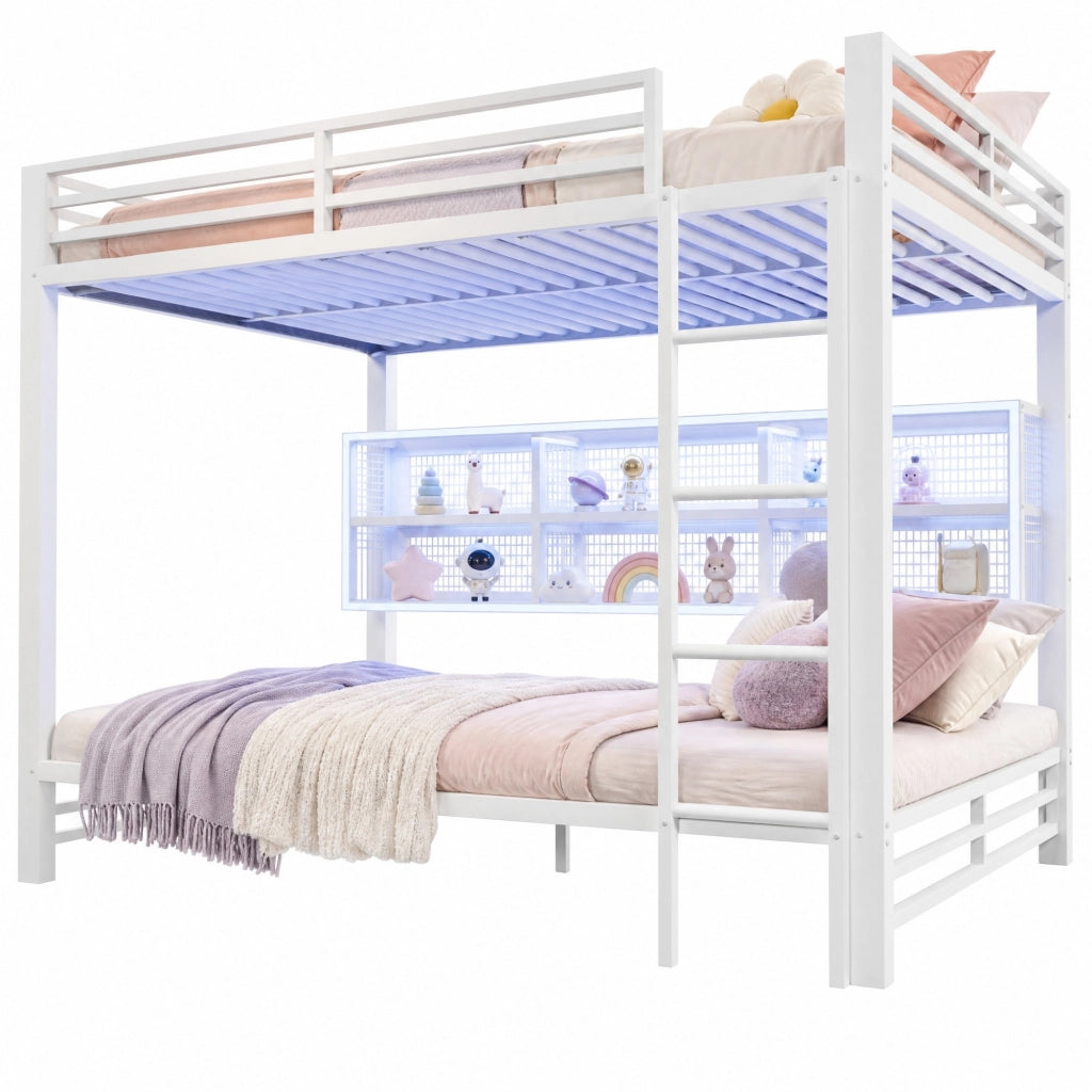 Letto a castello 140x200 cm in metallo bianco con 6 armadietti e LED