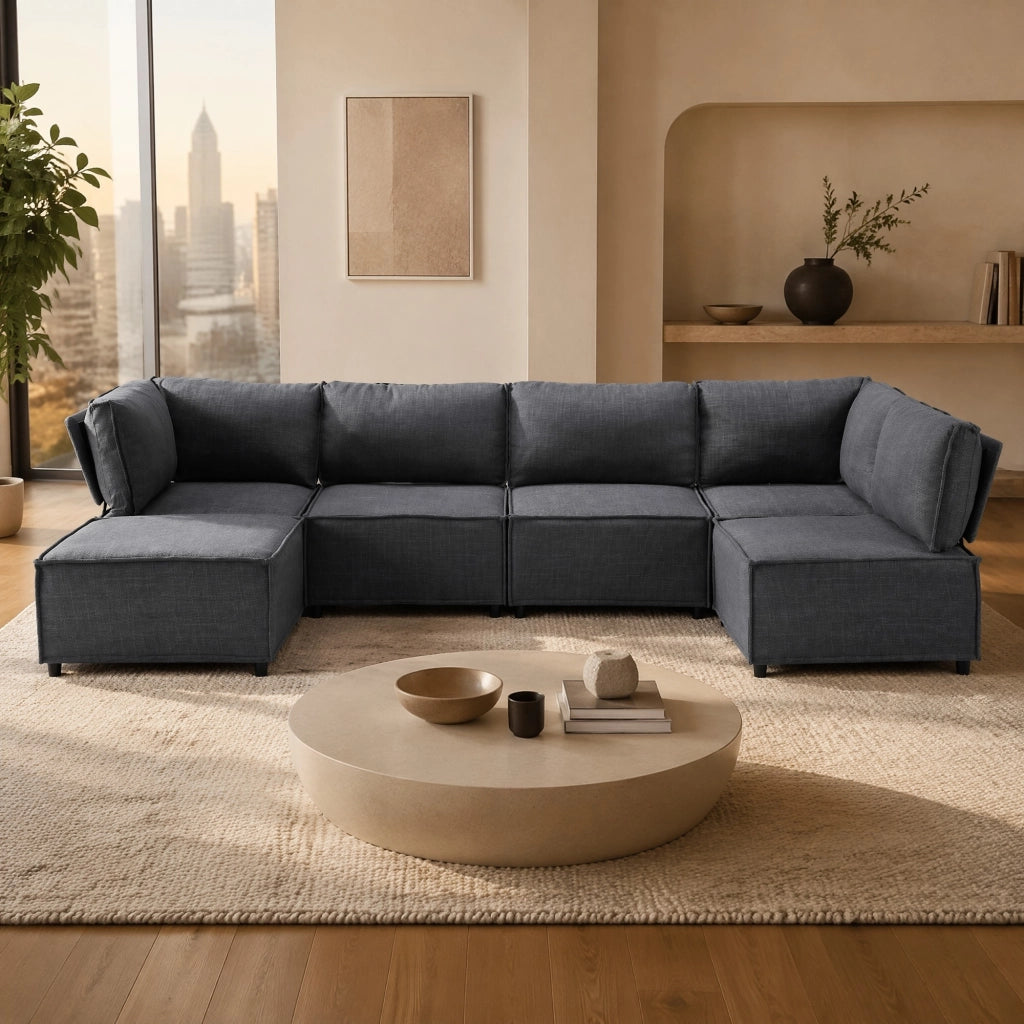 Divano modulare in tessuto con funzione letto e struttura stabile in compensato grigio scuro per soggiorno