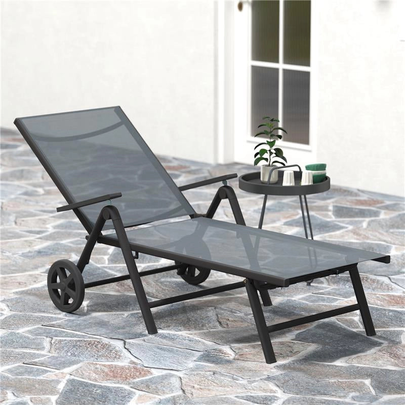 LETTINO SDRAIO PIEGHEVOLE E RECLINABILE IN 5 POSIZIONI CON ROTELLE, IN METALLO E TEXTILENE, 72X158X84 CM, GRIGIO
