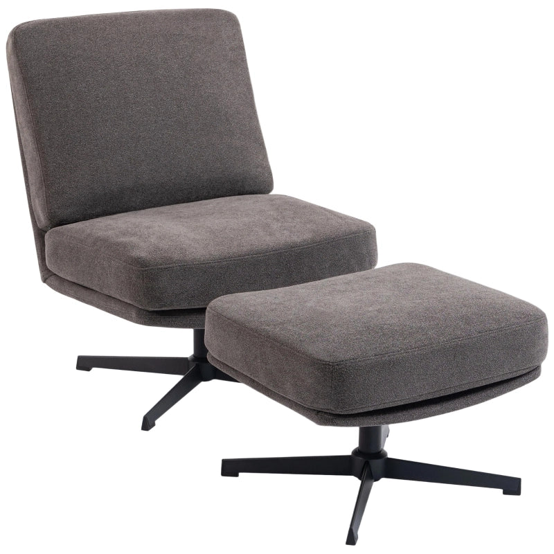Poltrona girevole con pouf, relax con rivestimento effetto lino, grigio scuro