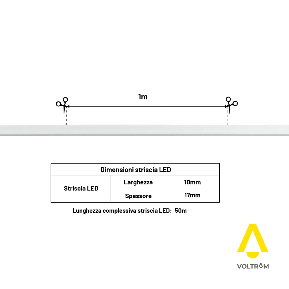 Striscia LED neon flex 220V 50m tagliabile ogni 1m 9W/m luce fredda 6000K IP67