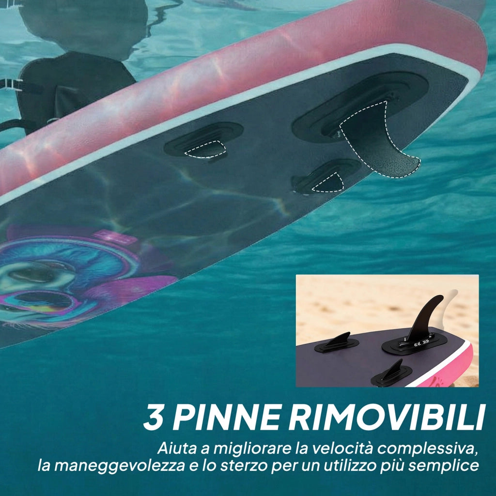 Tavola Sup Gonfiabile 335x82x15 cm con Sedile Pagaia e Accessori in Plastica ed EVA Blu e Rosa