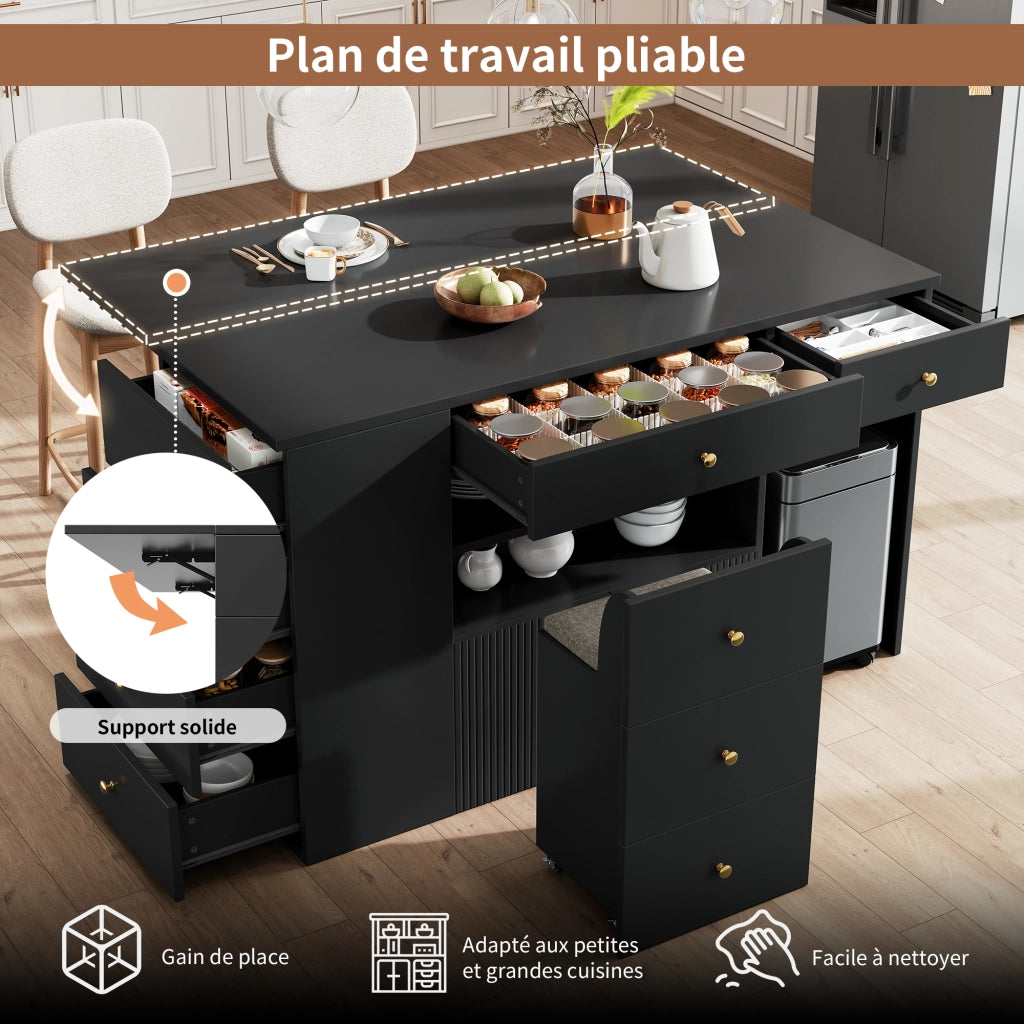 OKWISH Isola da Cucina con 6 Cassetti, 2 Ripiani Aperti, 1 Armadietto e Sgabello Contenitore con Ruote, 140 x 40 x 89 cm