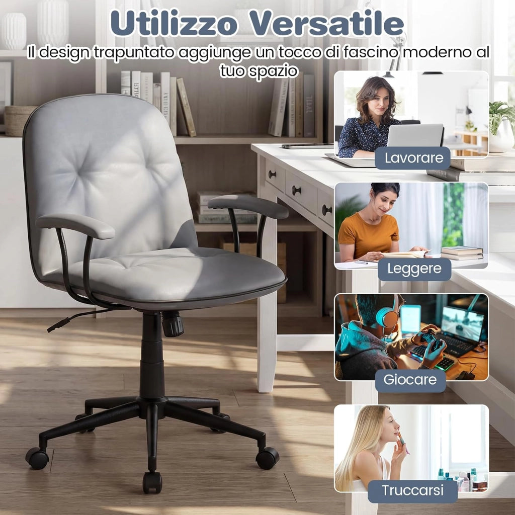 Sedia Ufficio Ergonomica con Altezza Regolabile, Poltrona Scrivania Girevole, Sedia con Braccioli Imbottiti e Ruote, Funzione Dondolo, per Ufficio Scrivania Studio (Grigio)