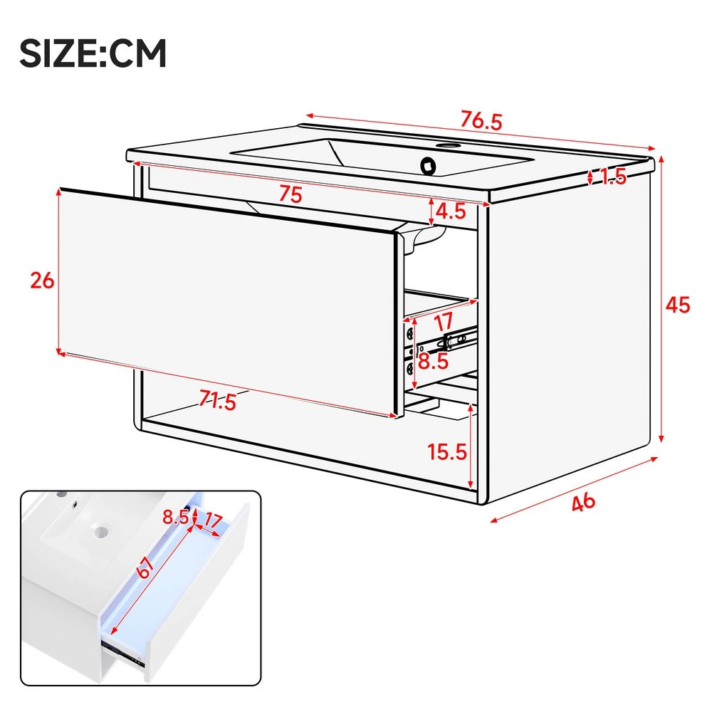 Mobile Bagno Sottolavabo Sospeso con Cassetto e Lavabo ¨C Xylo ¨C Bianco 76.5x46x45 cm