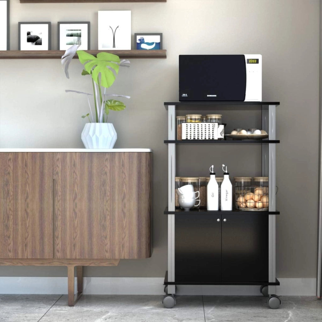Carrello a rotelle a microonde, carrello da cucina a microonde, con 4 ruote e 2 freni, ripiano portaoggetti a 3 livelli e armadio ante,60 x 40 x 98 cm (Nero)