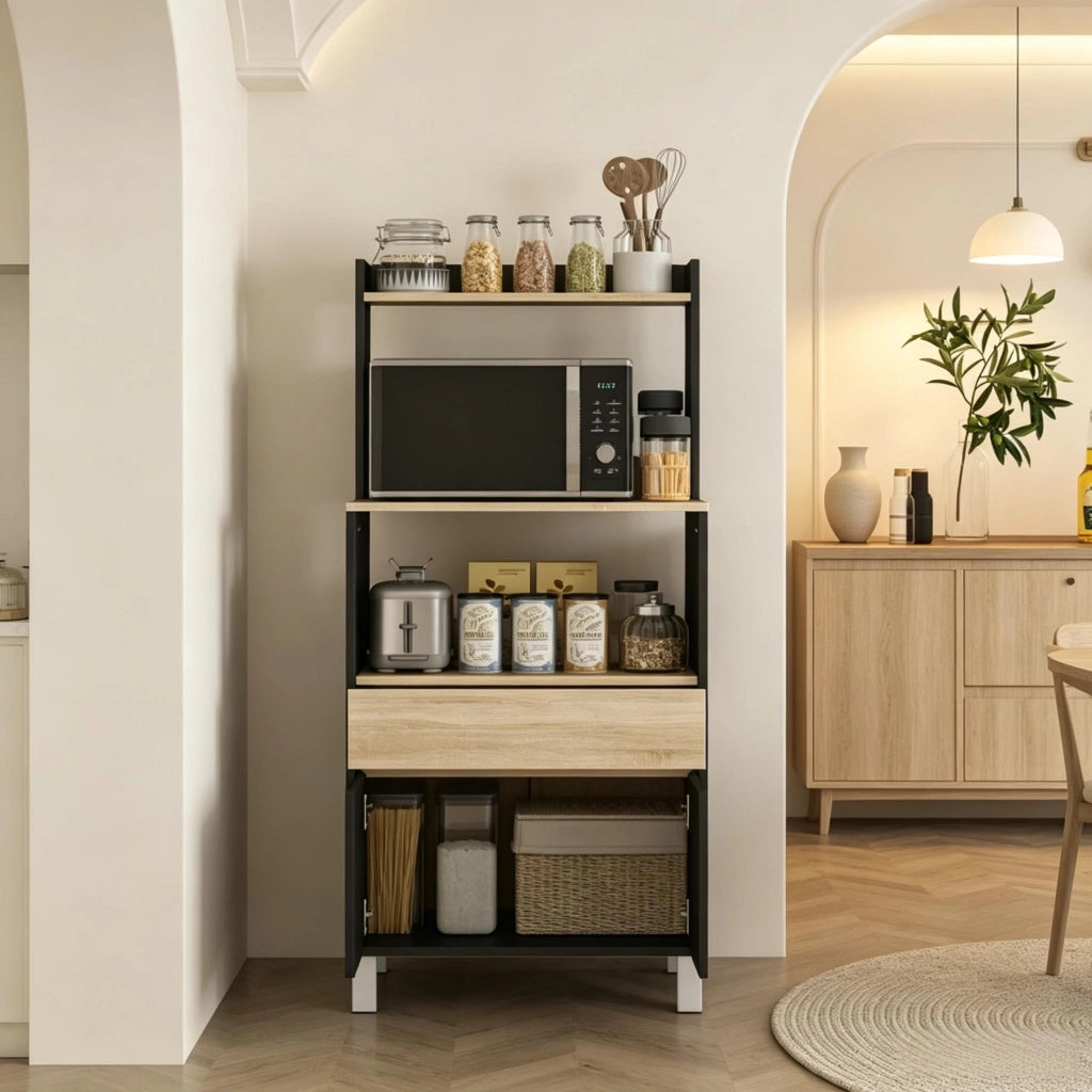 Mobile per microonde, credenza da cucina, mobile per microonde con armadietto, cassetti e ripiano superiore, pratico mobile contenitore da cucina per