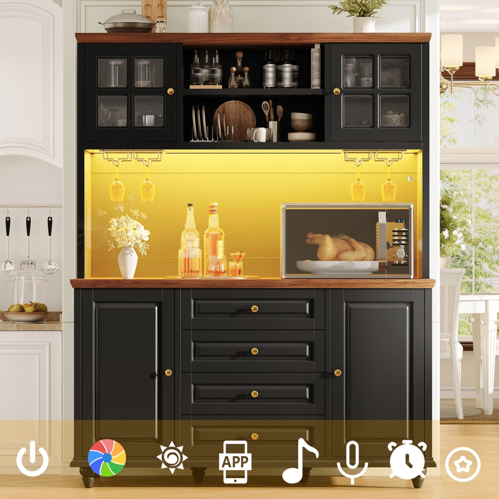 Credenza alta con LED RGB, 4 cassetti e ripiani regolabili per cucina e soggiorno, in MDF, nero, 140 × 40 × 179.5 cm