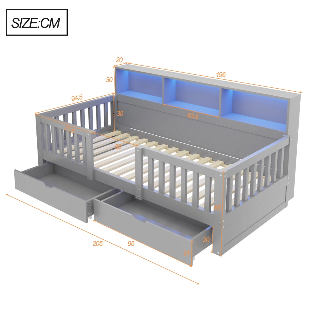 Letto per bambini 90x200 cm con sponda di sicurezza; cassetti; ripiani e LED; grigio