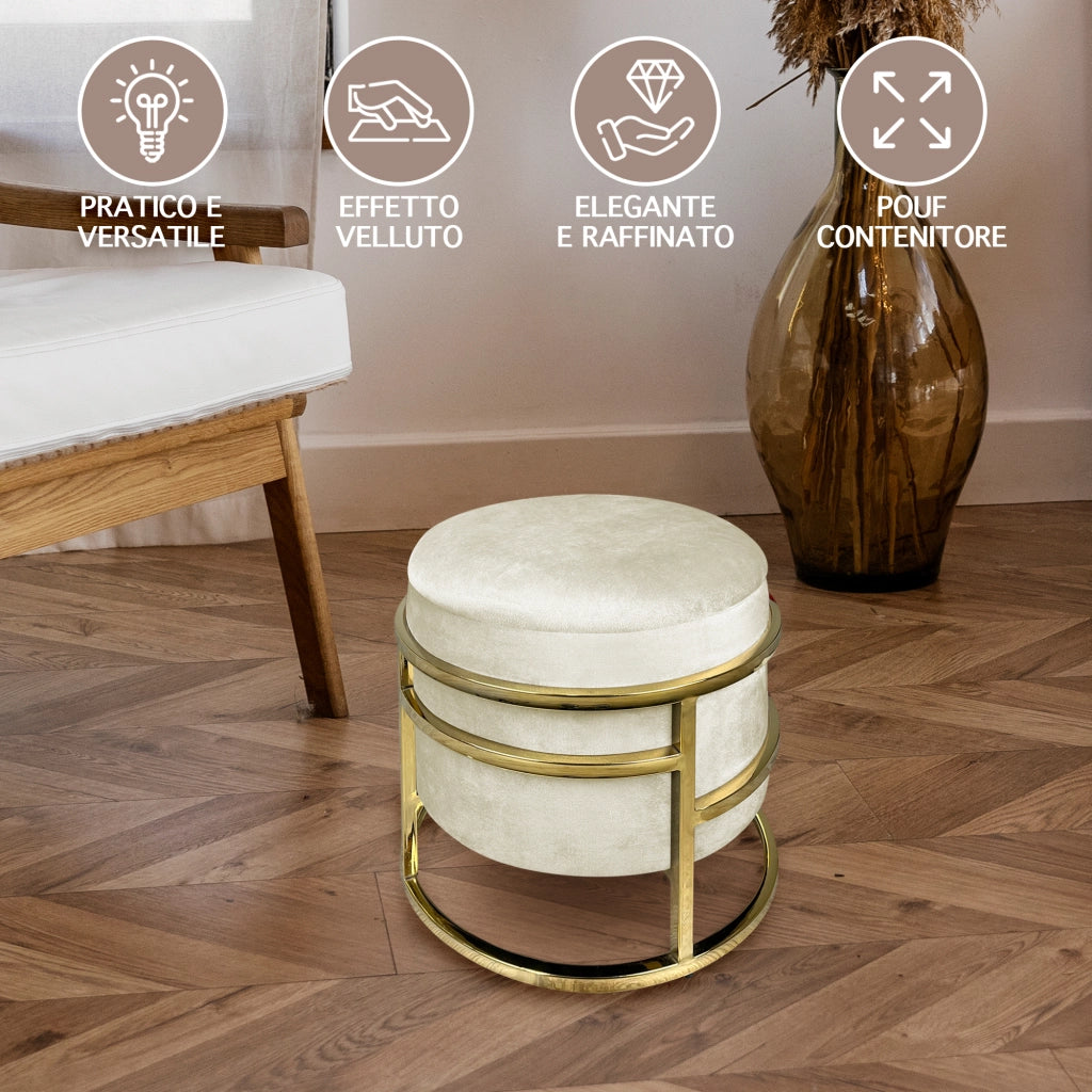 Pouf Contenitore Poggiapiedi Velluto Con Struttura Circolare Cromata Oro Elegante Imbottito Sgabello Per Toeletta Mobile Trucco Ottomano Ingresso Camera Da Letto Rotondo - Beige