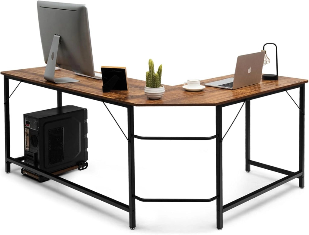 Scrivania Angolare Salvaspazio, Scrivania Porta PC a Forma di L con Porta CPU, Scrivania ad Angolo in Legno e Ferro per Studio e Ufficio, Portata 100 kg, 168 x 125 x 74 cm (Caffè)