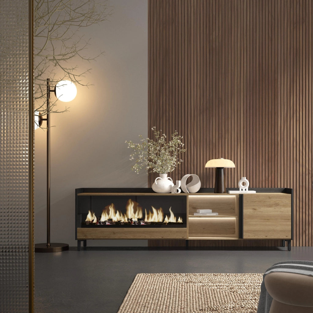 Mobile TV Soggiorno, 212x61x35 cm, Per TV fino a 80", Camino elettrico XXL, Design industriale, LED, Rovere e nero